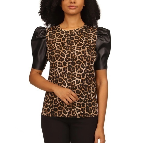 Michael Kors Petite Nubian Leather Sleeve T-Shirt Dark Camel - Picture 1 of 6